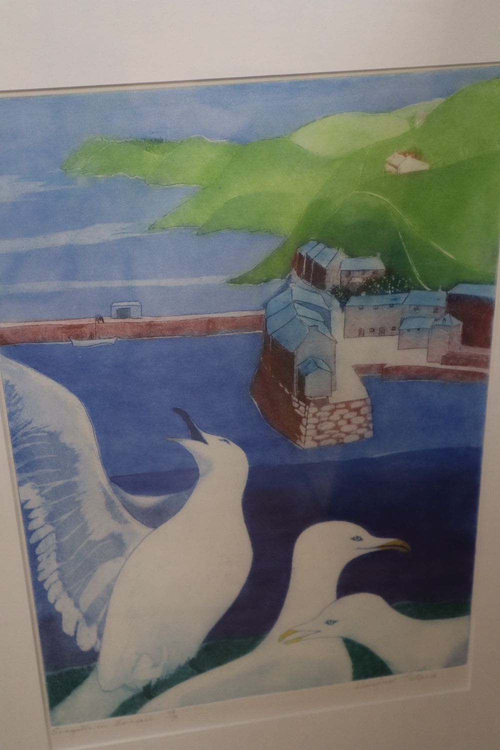 Valerie Thornton, etching, The Story of Jonah, Geoff Machin, limited edition abstract print and Winifred Pickard, print, Seagulls in Co